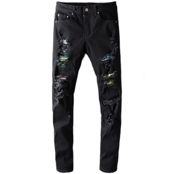 

fashion jeans men's male trousers american street brand color diamond-studded black ripped stretch tight-fitting denim pants, Blue