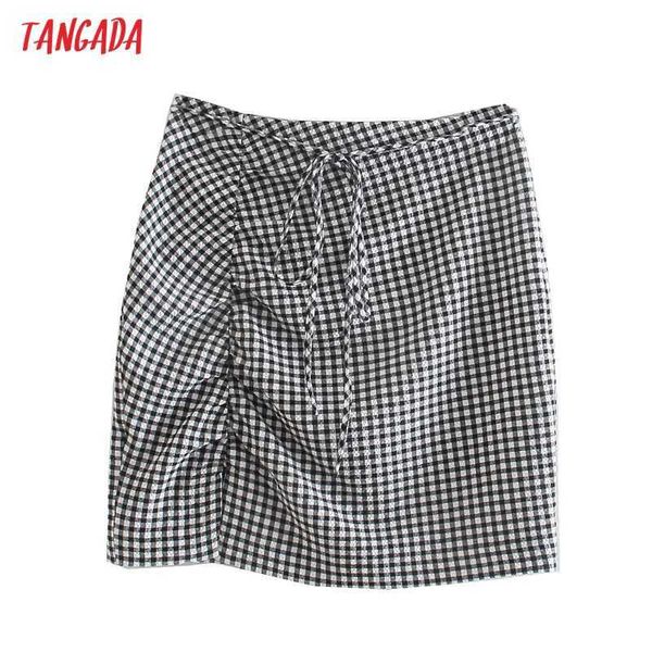 

tangada women plaid print ruffles skirts faldas mujer zipper female mini skirt 4n60 210609, Black