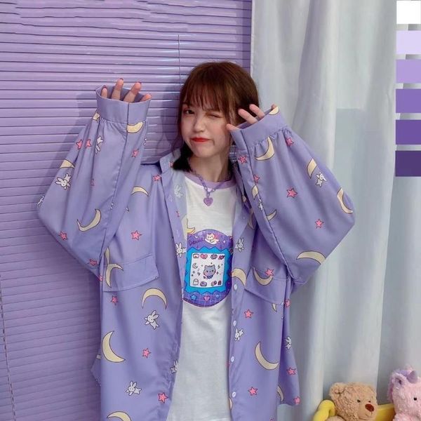 

women's blouses & shirts korean style women kawaii autumn fashion uniform long sleeve cute loose button up shirt oversized, White