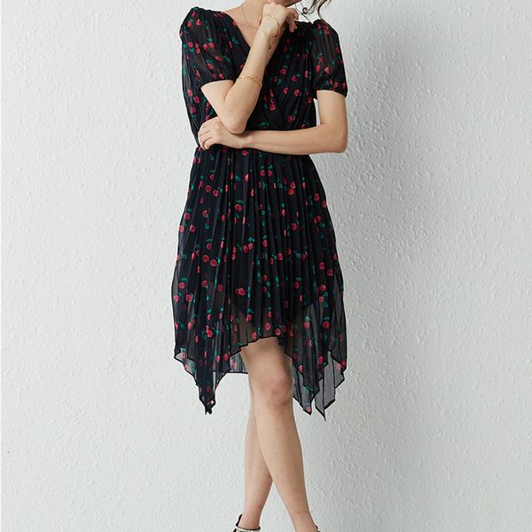 

2021 new vero feminino cereja impresso midi vestido senhora v-neck manga curta assimetria plissado vestidos de frias roupas hmkw, Black;gray