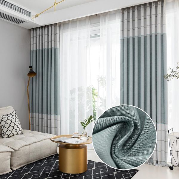

nordic style bedroom living room stitching window linen blue lattice high blackout curtains