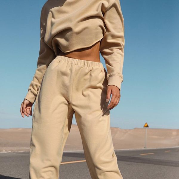 

women's two piece pants autumn/winter casual loose two-piece high-waist long-sleeved and fitness sportswear sports sweater suit women, White