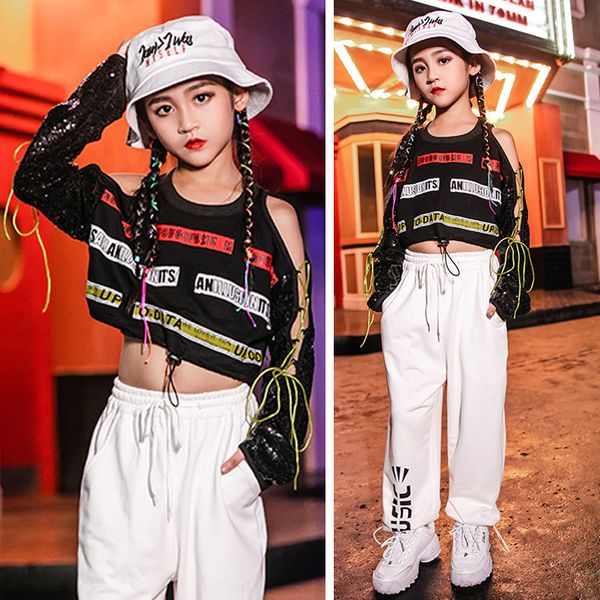 

hip hop dance clothing kids white hip hop pants children street clothes sport performance outfit girl jazz dance costume db1094, Black;red