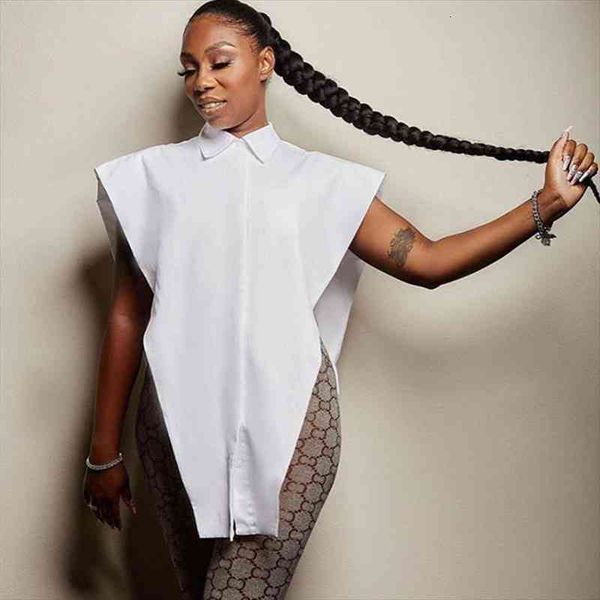 

turn down collar sleeveless irregular cropped vest shirt women single breasted loose tank crop ladies streetwear blouse, White