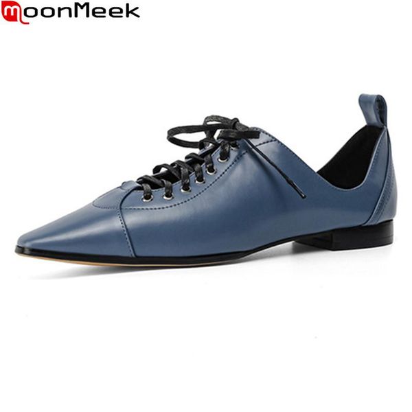 

moonmeek 2021 genuine leather women shoes fashion lace up causal single shoes spring autumn solid color ladies, Black