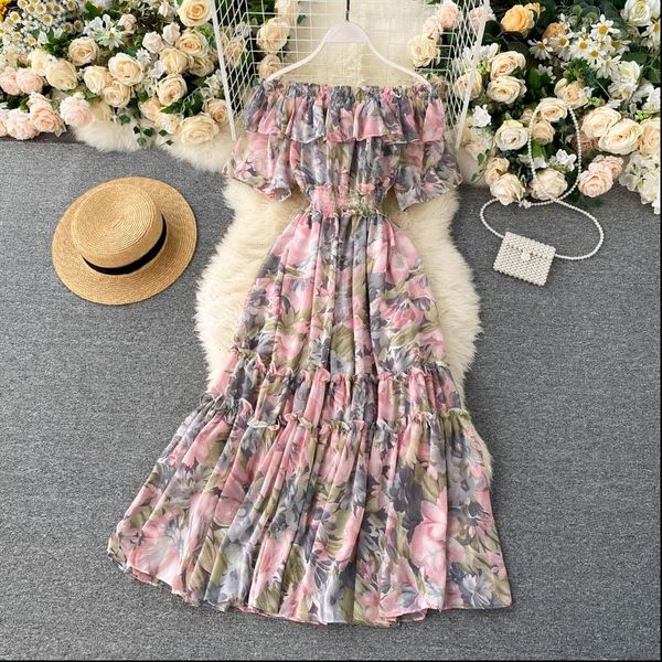 

bohemian floral chiffon midi dress women slash neck ruffle short sleeve a line vacation beach dresses boho chic 2021, Black;gray