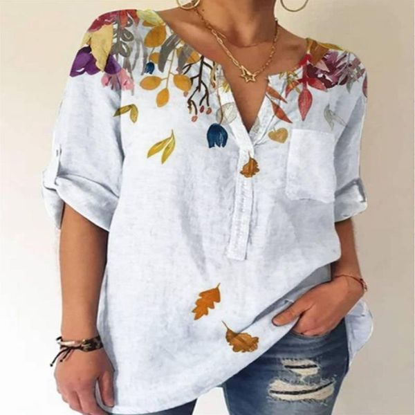 

women's blouses & shirts summer casual tee long sleeve women t-shirts flower leaves print street daily all-match plus size 2021, White