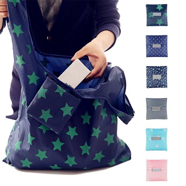 

6styles foldable reusable shopping bags eco storage grocery bags star stripe dot printed shopping tote handbag 53*35cm 2 y2, Black