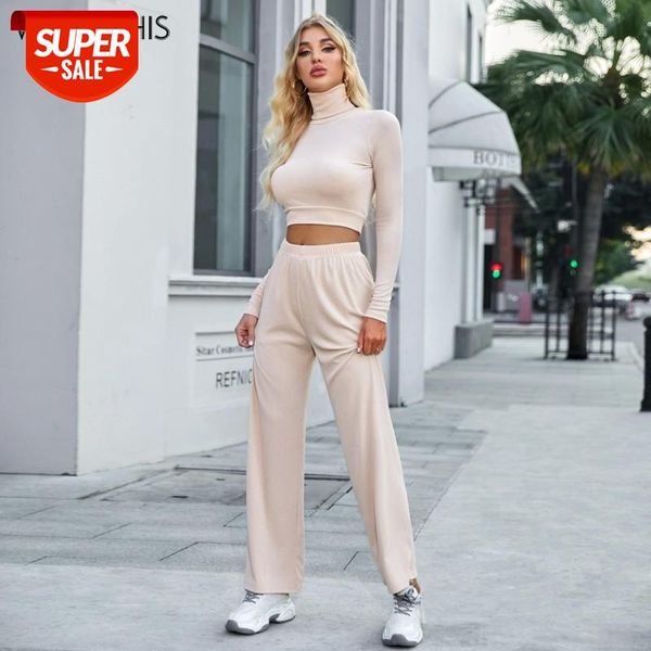 

WannaThis Two-piece Women Pullover Turtleneck Long Sleeve Crop Top and Loose High Waist Women's Pants Autumn Casual Streetwear #gJ09, White