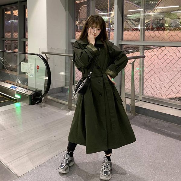

women's trench coats double breasted simple classic long coat fashion 2021 fall casual with chic belt female olive green windbreaker, Tan;black