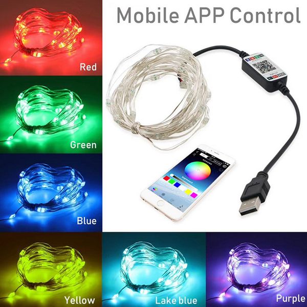 USB RGB Светодиодная лента Fairy Light String App Controle Bluetooth Светодиоды Светодиоды для елки Украшения Открытый Номера Праздничное освещение 12 В D5.5