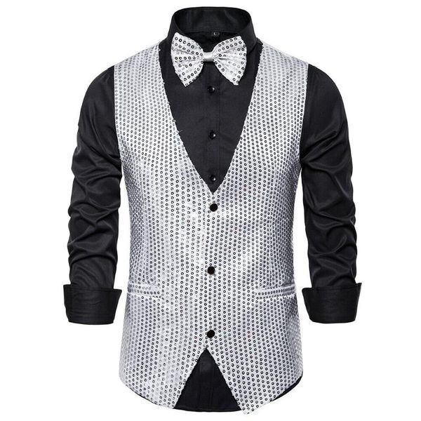 

men's vests stylish shiny sequins blazer men sleeveless bowknot slim fit formal suits pockets coat jacket, Black;white