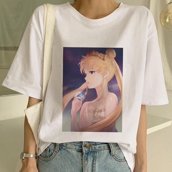 

summer new t shirt women sailor moon fashion harajuku short sleeve t-shirt cute cat kawaii cartoon camiseta mujer 2021 new, White