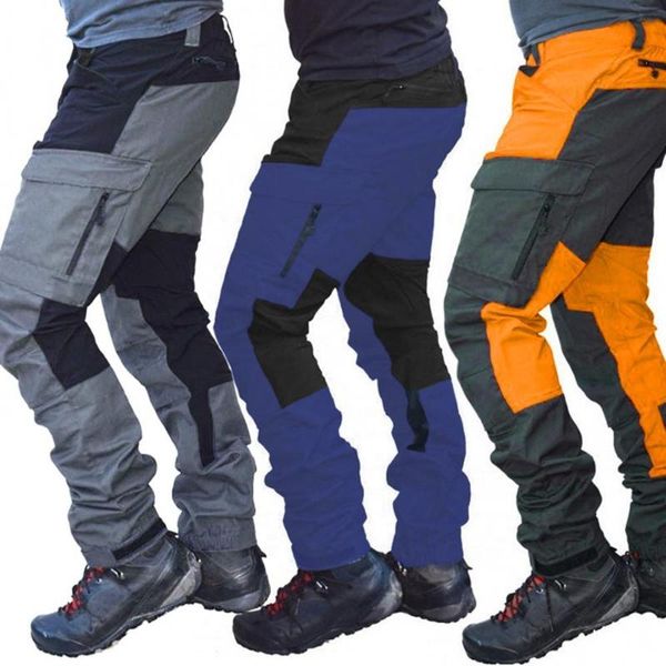 

men's pants 2021 men fashion color block multi pockets sports long cargo work trousers clothing streetwear, Black