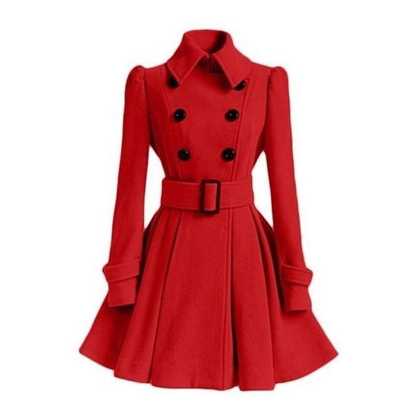 

women's wool & blends woolen coat and belt buckle windbreaker women, Black