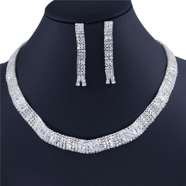 

earrings & necklace luxury zircon fashion bride wedding set woman banquet exquisite evening dress crystal accessories, Silver