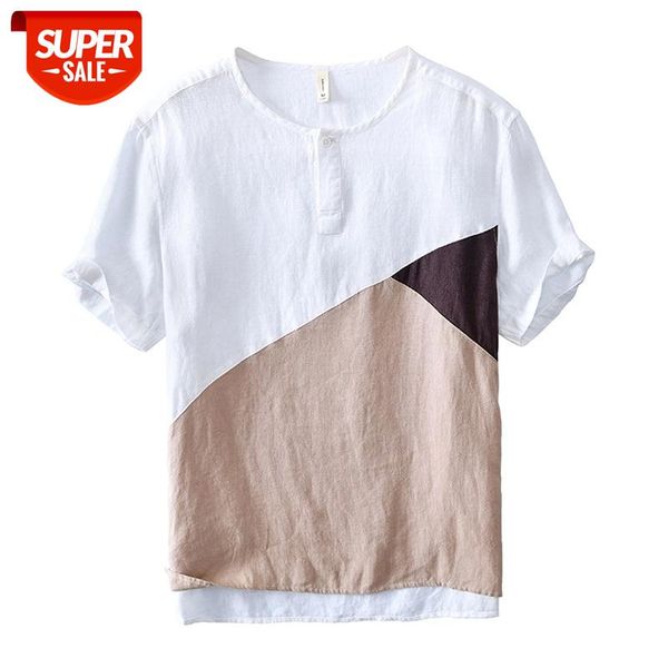 

retro t shirt patchwork short sleeve men tshirt fashion casual o-neck 100% pure linen splice tees 2021 summer new #049p, White;black