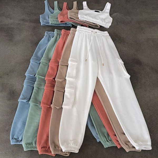 

women tracksuit crop sweatpants casual tank pocket pants pullover elastic trousers sportwear streetwear outfits 210304, White