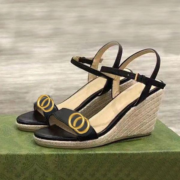 

summer beach high heels fashion casual sandals leather wedges belt buckle women shoes lady metal cowhide letter work shoe, Black