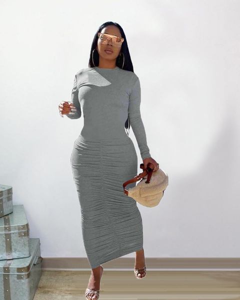 

casual dresses 2021 lady autumn fashion leisure pure color street long sleeve round collar bag buttock slender dress, Black;gray