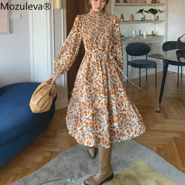 Mozuleva restaurando maneiras antigas de filmes na primavera e outono inverno folhas amarelo vestido floral feminino 210706