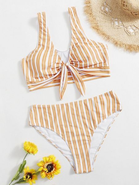 

plus striped knot front bikini swimsuit b1qn#, Black