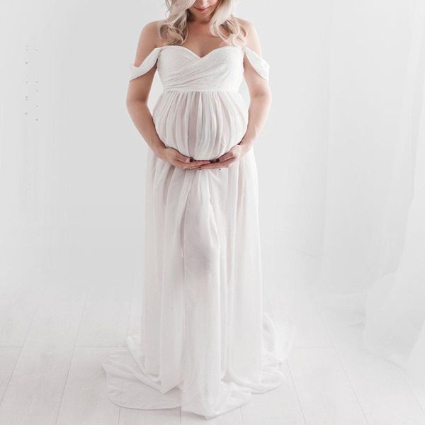 

maternity dresses summer women pregnancy off-shoulder pography ruffled nursing patchwork v-neck long pregnant for po pros, White