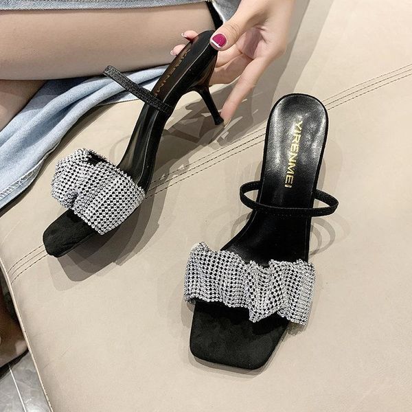 

slippers glitter slides low shoes thin heels ladies' fashion heeled mules slipers women jelly luxury high 2021 summer fabric cry, Black