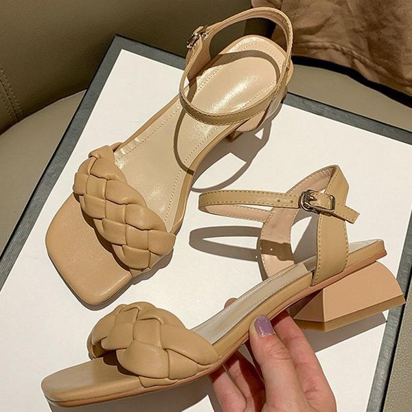 

sandals 2021 summer thick low heels women genuine leather buckles vintage shoes woman classic party office lady, Black