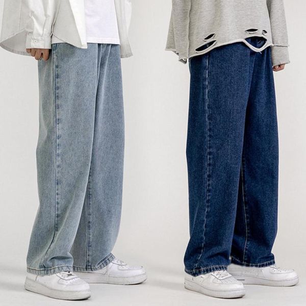 

men's jeans 2021 fashion loose straight casual wide leg pants men solid color hip hop denim streetwear, Blue