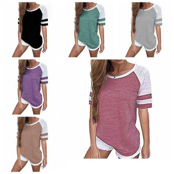 

2021 women striped splicing baseball tshirt summer fashion casual o neck loose tee all matched t shirt plus size, White