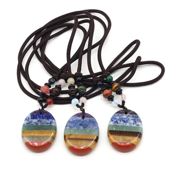 

pendant necklaces natural stone necklace 7 chakra reiki healing agates crystal amethysts tiger eye pendants with thread for women, Silver