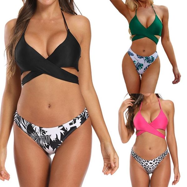 

one-piece suits women 2pcs bikini set halter cross wrap swimsuit leopard print bathing suit mxmc