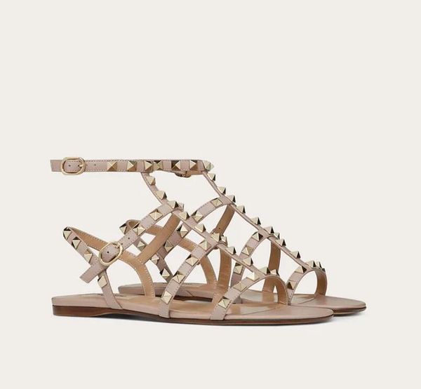 

summer fashion rock stud flat calfskin leather women's sandals with straps sandalias gladiator sandals outdoor casual beach flats whole, Black