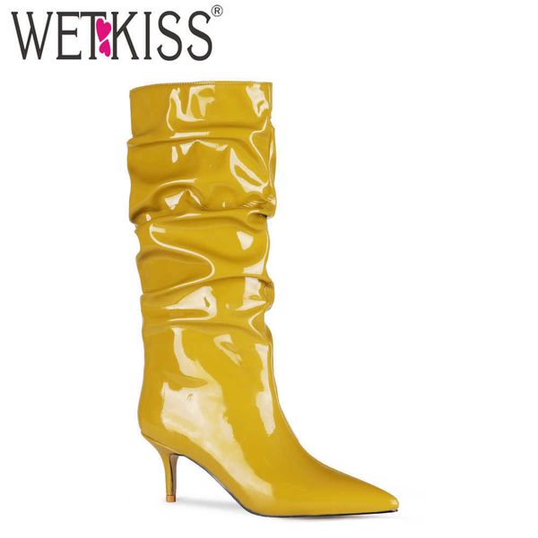 

wetkiss fashion women boots pleated pointed toe ladies short boots mid calf thin high heels shoes woman stiletto party wedding 210630, Black