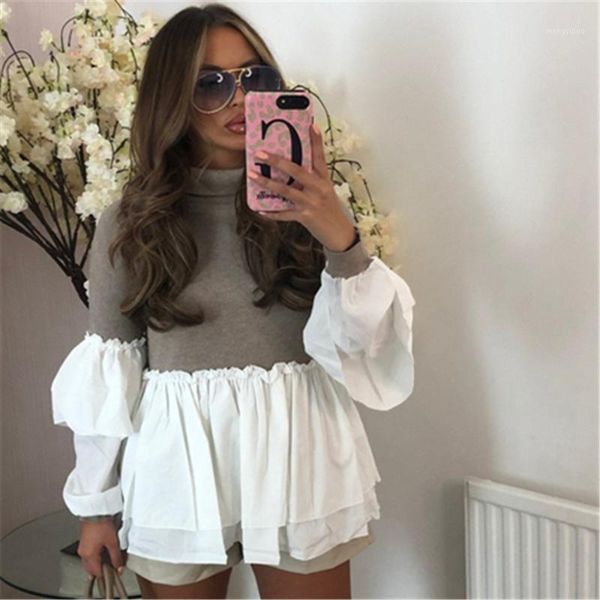 

women's sweaters hirigin women turtleneck sweater casual long sleeve ruffle trim patchwork knit pullover fashion leisure trendy autumn, White;black