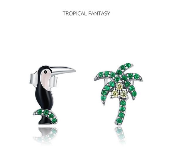 

925 sterling silver asymmetric toucans and coconut tree stud earrings for women girl silver jewelry, Golden