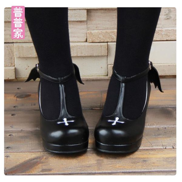 

dress shoes princess sweet lolita spring and autumn angel wing cross low heel shallow mouth pu8461, Black