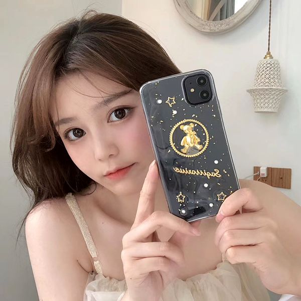 

cute cartoon 3d bear transparent phone case for iphone 11 pro max case se x xr xs max 7 8plus bling glitter gold foil soft cover