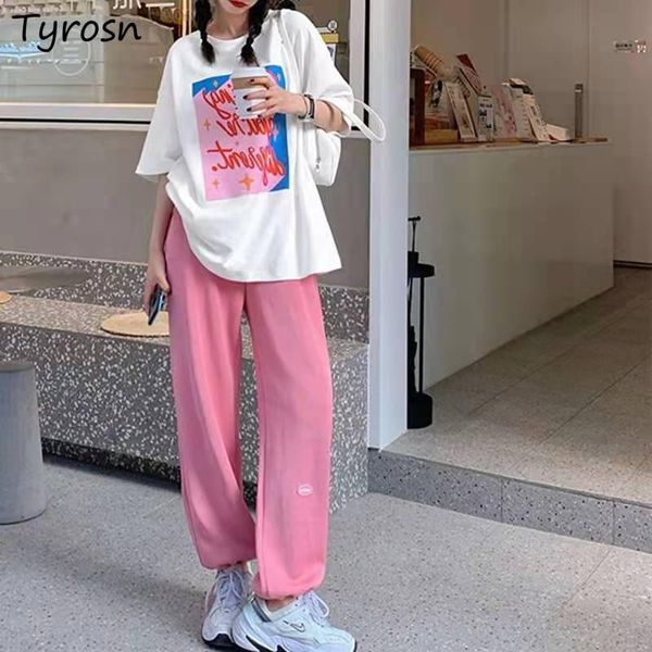 

women's two piece pants women sets streetwear students pink all-match harajuku loose chic short sleeve harem trousers summer fashion k, White