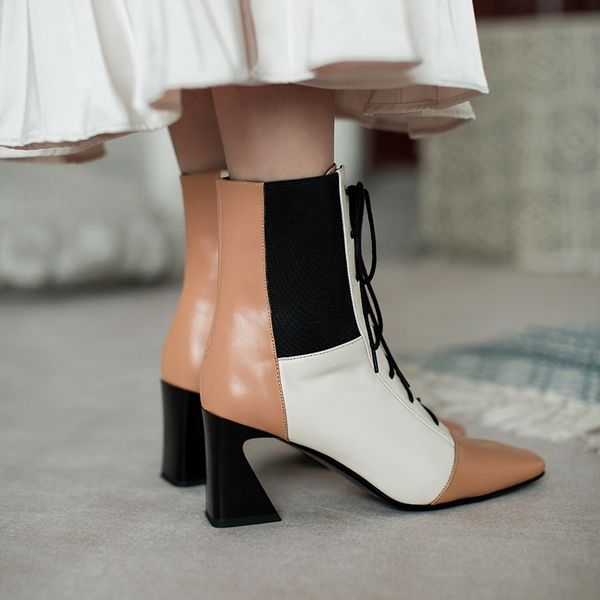 

New Brand Autumn Shoes Fashion Square Toe Lace-up Genuine Leather Solid Nude Women Ankle Boots Thick Heel Shoes Causal Boots, Beige