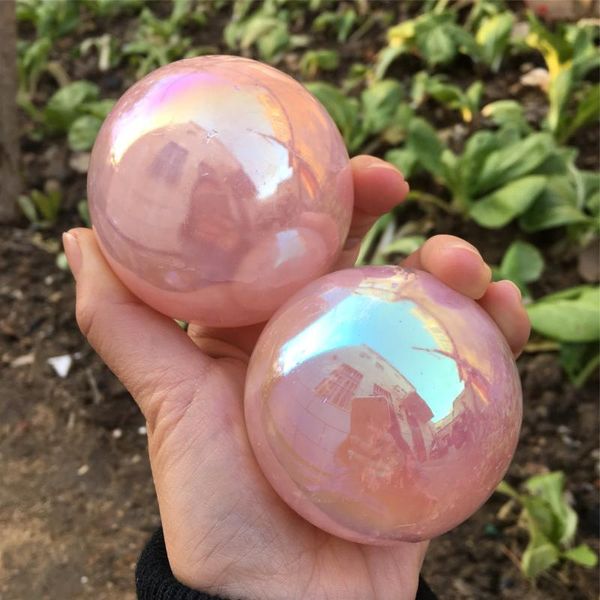 

decorative objects & figurines natural rose quartz gemstone sphere titanium rainbow aura crystals ball feng shui crafts home decoration