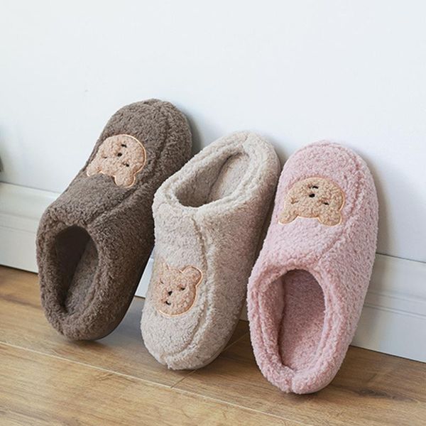 

luxury cartoon fur slippers for women cute bear winter warm flock plush bedroom ladies flat shoes house1, Black