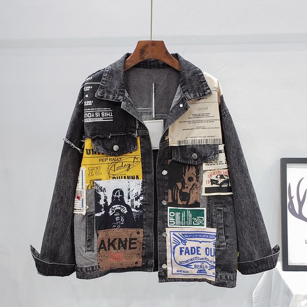 

fashion patch designs denim jackets women loose irregular jeans jacket coat letter print streetwear female outerwear stgm, Black;brown