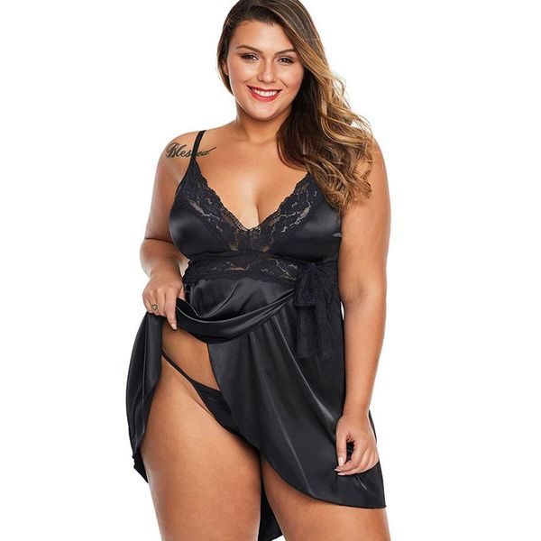 

women's sleepwear big size oversize nightdress home wear suspender elastic satin silk pajamas suit for fat girl, Black;red