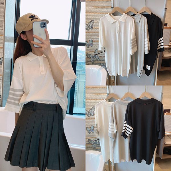 

snake 21tb new striped knitted dress loose polo medium long short sleeve knee length t-shirt skirt, White