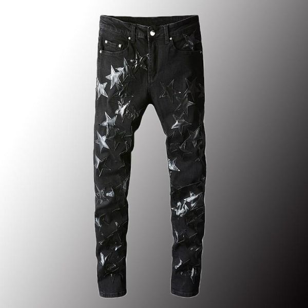 

men's jeans luxury mens leather stars patch black stretch denim pencil pants slim skinny patchwork trousers plus size 40, Blue