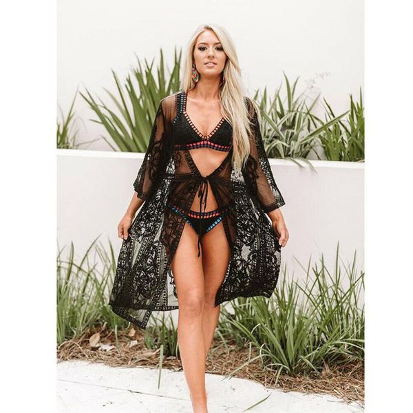 

women's swimwear crochet bikini cover up women bandage see-through summer bathing suit lady beach dress sunscreen cover-ups, White;black