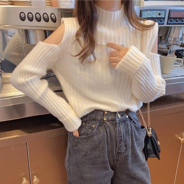

women's sweaters in the early of 2021, type careful machine is to wear a half high neck knitted sweater outside shoulder, White;black