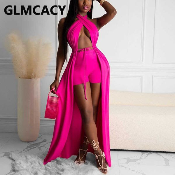 

two piece summer party suits halter open stitch dress & casual shorts set 210702, White